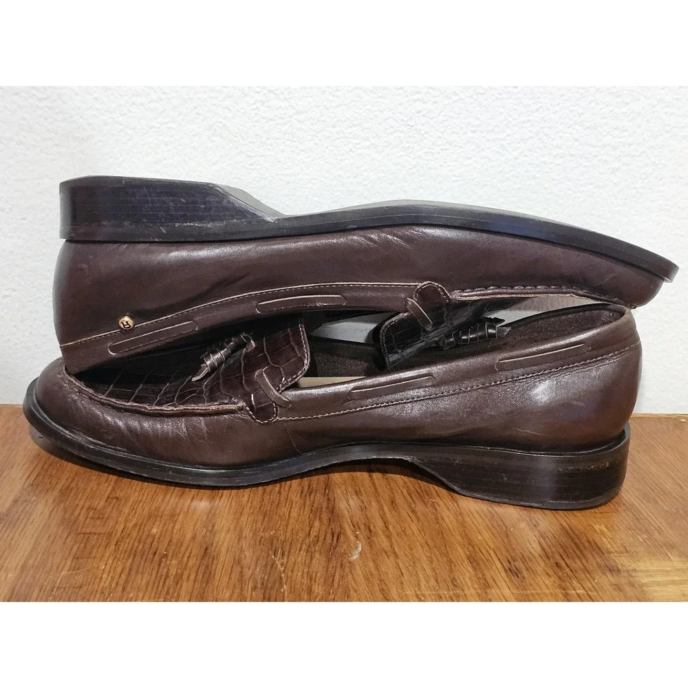 Etienne Aigner Gotham Dress Shoes Size 10 Brown Leather Croc Tassel Loafer Mens